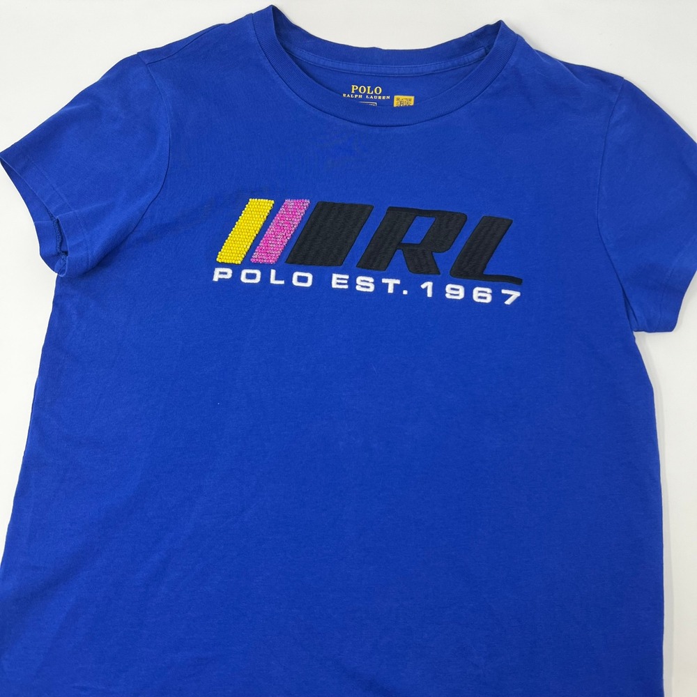 Polo Ralph Lauren‎ Blue Beaded Embroidered Graphic T-Shirt Womens Size Medium
